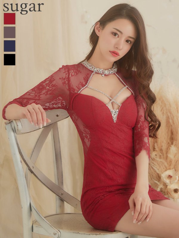 画像1: XS〜Lサイズあり【ROBE de FLEURS Glossy/ローブ・ド・フルール グロッシー】ビジュークロス/ レーススリーブ/ 七分袖/ 長袖/ 袖あり/ タイト/ ミニドレス/ キャバドレス[OF2]