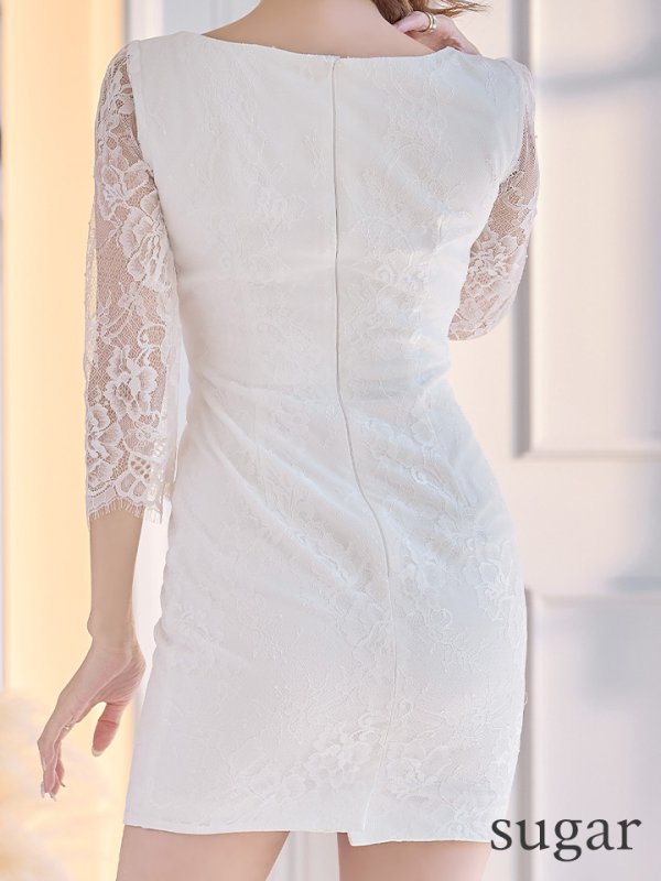 画像13: XS-Lサイズあり【Glossy/グロッシー】バストビジュー/ レーススリーブ/ 袖あり/ ワンカラー/ 総レース/ タイト/ ミニドレス/ キャバドレス【OF08】