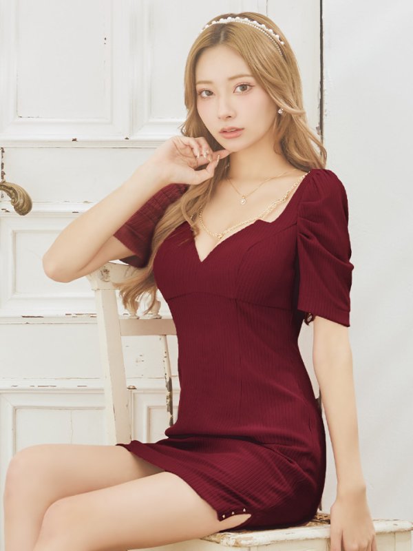 画像9: XSサイズあり【Glossy/グロッシー】デコルテチェーンネックレス/ リブニット/ 袖あり/ 半袖/ ワンカラー/ ストレッチ/ タイト/ ミニドレス/ キャバドレス[OF08]