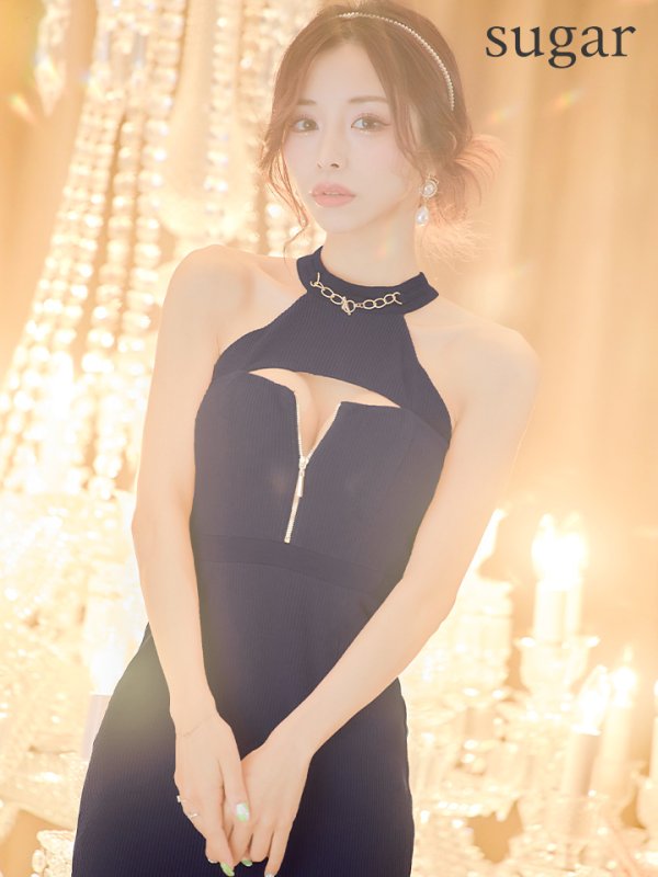 画像1: 門りょうちゃん着用　XSサイズあり【ROBE de FLEURS Glossy/ローブ・ド・フルール グロッシー】ホルターチェーンネック/ アメスリ/ バストカット/ フロントジップ/ タイト/ ミニドレス/ キャバドレス[OF2]