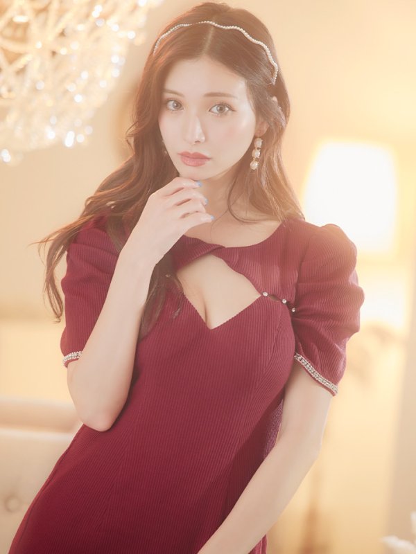 画像19: XSサイズあり【Glossy/グロッシー】袖あり/ リブニット/ バストカット/ パール/ ストレッチ/ タイト/ ミニドレス/ キャバドレス【OF08】