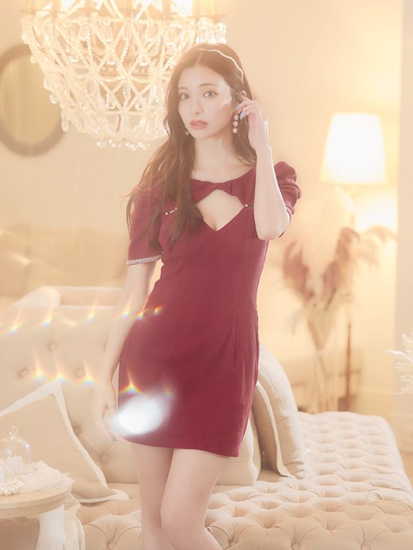 画像20: XSサイズあり【Glossy/グロッシー】袖あり/ リブニット/ バストカット/ パール/ ストレッチ/ タイト/ ミニドレス/ キャバドレス【OF08】