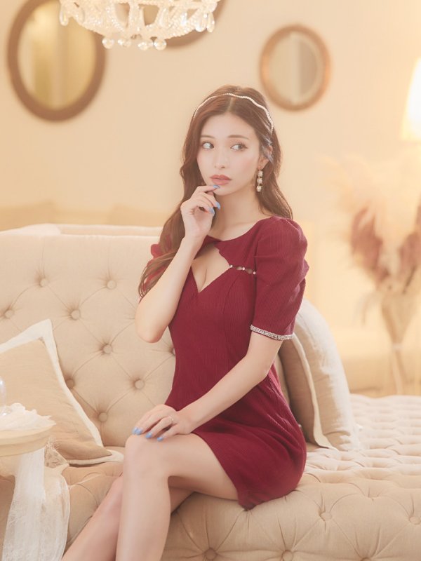 画像21: XSサイズあり【Glossy/グロッシー】袖あり/ リブニット/ バストカット/ パール/ ストレッチ/ タイト/ ミニドレス/ キャバドレス【OF08】