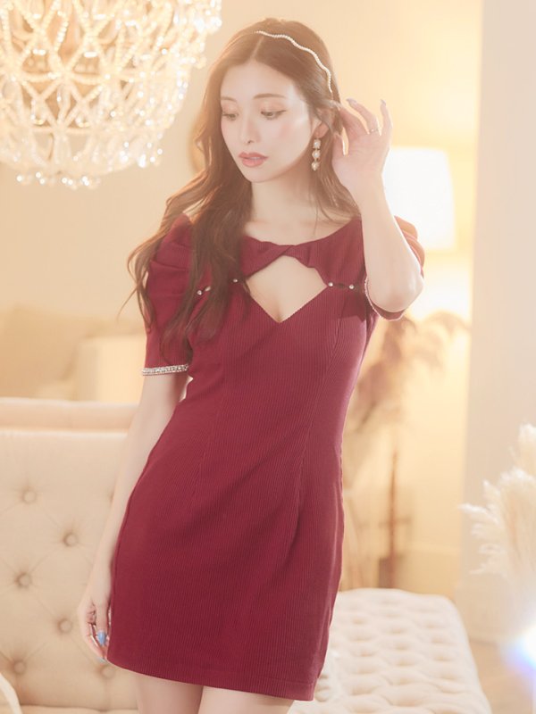 画像22: XSサイズあり【Glossy/グロッシー】袖あり/ リブニット/ バストカット/ パール/ ストレッチ/ タイト/ ミニドレス/ キャバドレス【OF08】