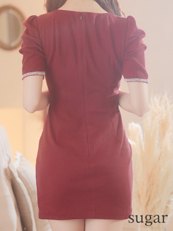 画像25: XSサイズあり【Glossy/グロッシー】袖あり/ リブニット/ バストカット/ パール/ ストレッチ/ タイト/ ミニドレス/ キャバドレス【OF08】