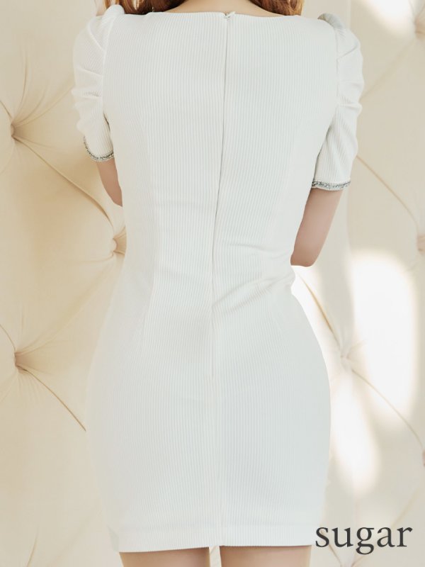 画像9: XSサイズあり【Glossy/グロッシー】袖あり/ リブニット/ バストカット/ パール/ ストレッチ/ タイト/ ミニドレス/ キャバドレス【OF08】