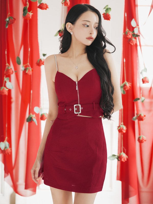 画像6: XSサイズあり【Glossy/グロッシー】ジッパー/ ベルト/ キャミ/ セットアップ/ シンプル/ ワンカラー/ ミニドレス/ キャバドレス【OF08】