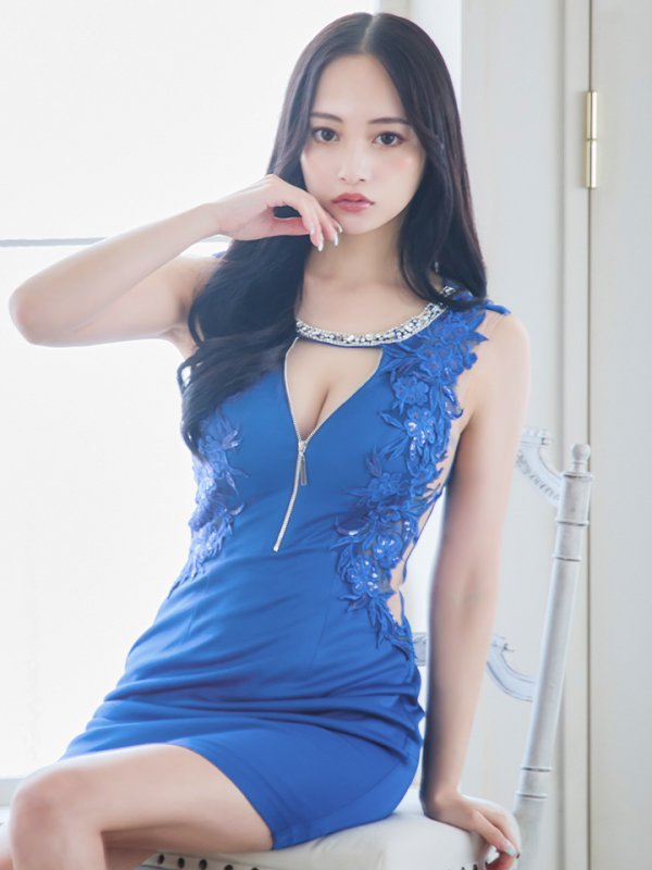 画像10: XSサイズあり【Glossy/グロッシー】フロントジップ/ フラワーモチーフ/ レース/ ネックビジュー/ サイドシアー/ タイト/ ミニドレス/ キャバドレス【OF08】