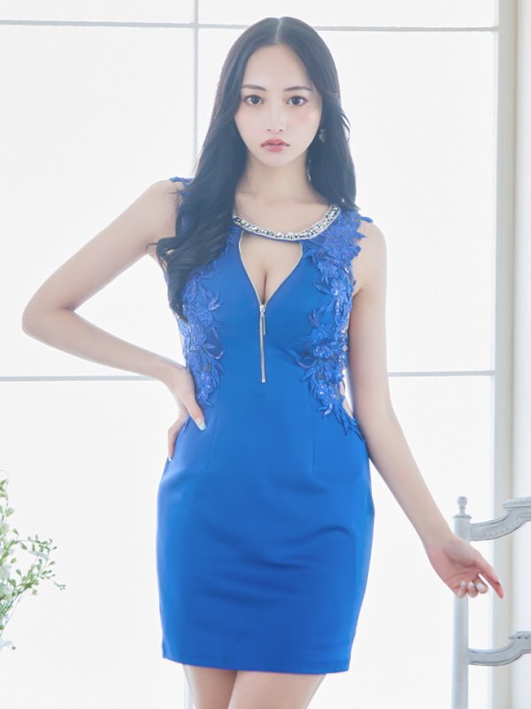 画像11: XSサイズあり【Glossy/グロッシー】フロントジップ/ フラワーモチーフ/ レース/ ネックビジュー/ サイドシアー/ タイト/ ミニドレス/ キャバドレス【OF08】