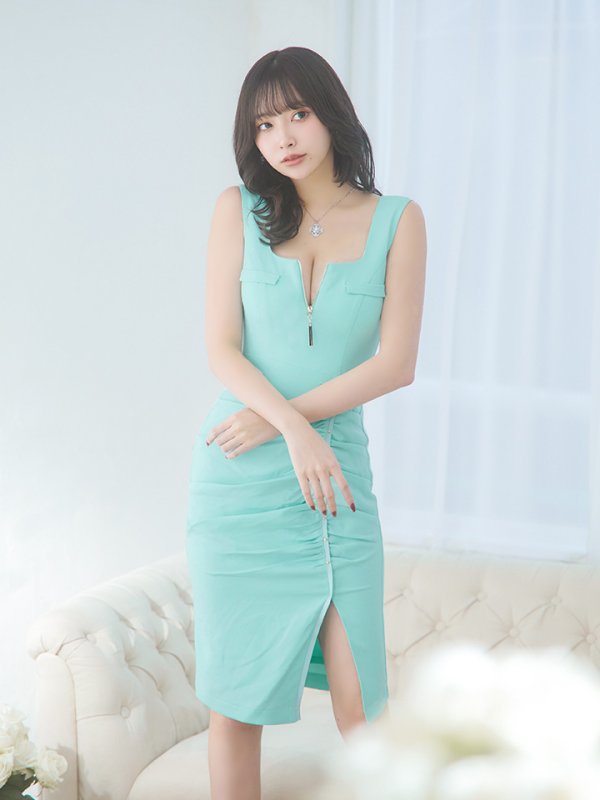 画像44: XSサイズあり【Glossy/グロッシー】フロントジップ/ スタッズ/ ストレッチ/ ワンカラー/ タイト/ ミニドレス/ キャバドレス【丈違いあり】【OF08】