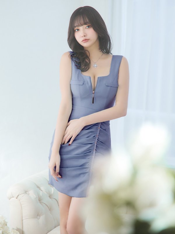 画像2: XSサイズあり【ROBE de FLEURS Glossy/ローブ・ド・フルール グロッシー】フロントジップ/ スタッズ/ ストレッチ/ ワンカラー/ タイト/ ミディアムドレス/ キャバドレス【丈違いあり】[OF2]