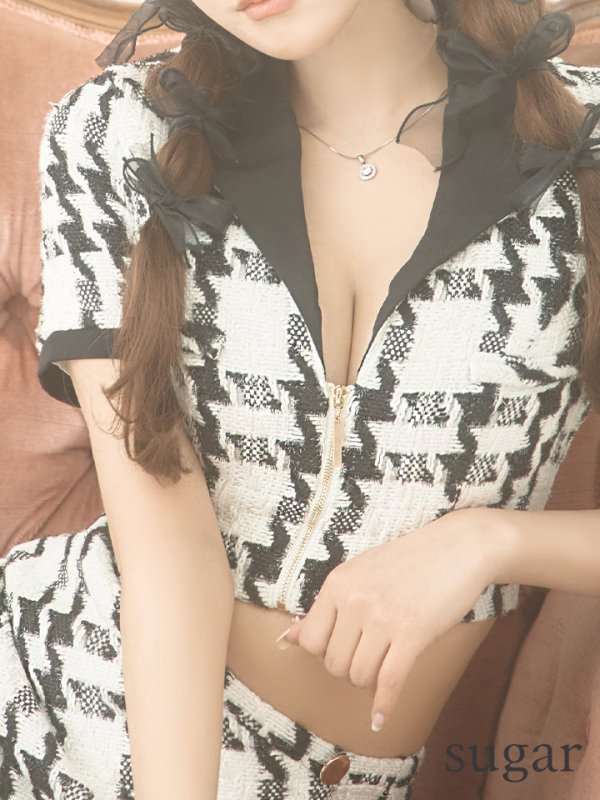 画像11: XSサイズあり【Glossy/グロッシー】セットアップ/ チェック/ ツイード/ 半袖/ フロントジップ/ タイト/ ミニドレス/ キャバドレス【OF08】