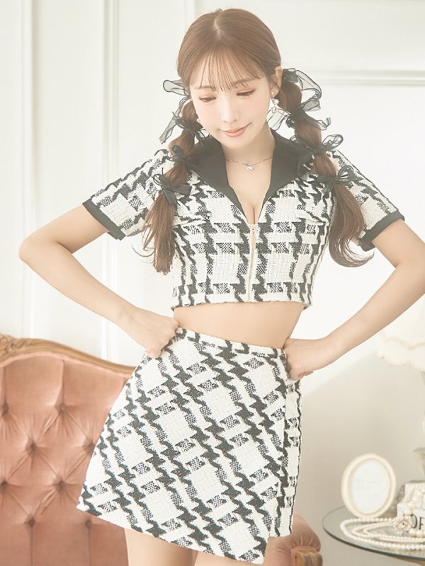 画像6: XSサイズあり【Glossy/グロッシー】セットアップ/ チェック/ ツイード/ 半袖/ フロントジップ/ タイト/ ミニドレス/ キャバドレス【OF08】