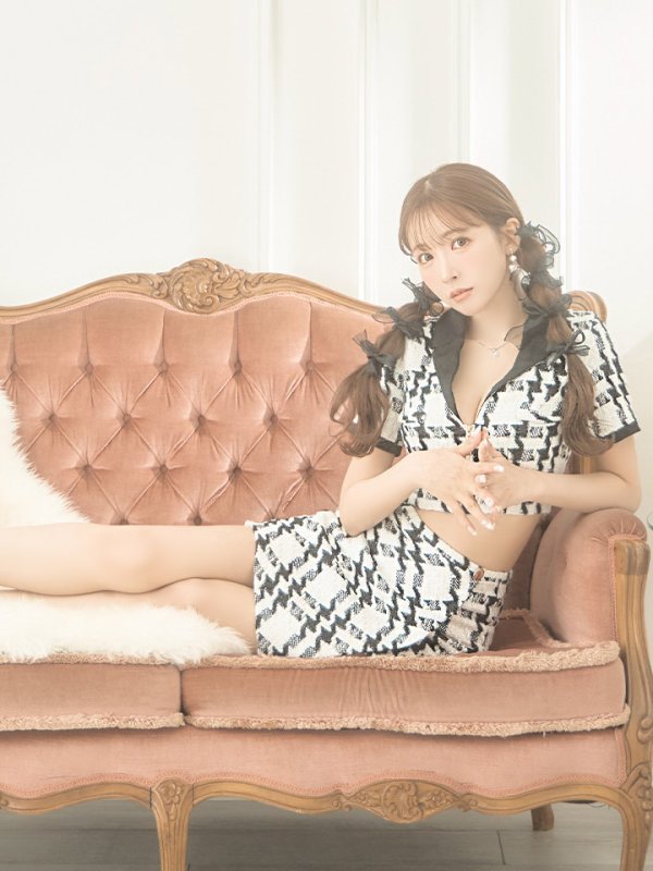 画像7: XSサイズあり【Glossy/グロッシー】セットアップ/ チェック/ ツイード/ 半袖/ フロントジップ/ タイト/ ミニドレス/ キャバドレス【OF08】