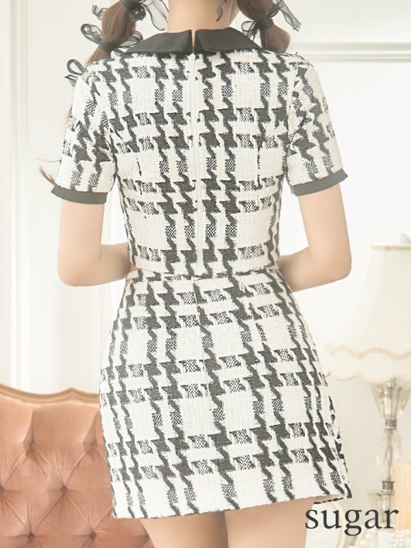 画像10: XSサイズあり【Glossy/グロッシー】セットアップ/ チェック/ ツイード/ 半袖/ フロントジップ/ タイト/ ミニドレス/ キャバドレス【OF08】