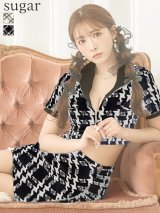 XSサイズあり【ROBE de FLEURS Glossy/ローブ・ド・フルール グロッシー】セットアップ/ チェック/ ツイード/ 半袖/ フロントジップ/ タイト/ ミニドレス/ キャバドレス[OF2]