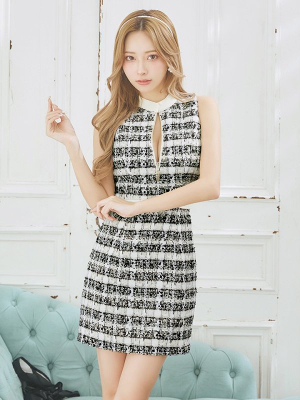 画像5: XSサイズあり【Glossy/グロッシー】フロントジッパー/ チェック柄ツイード/ ツイード/ ノースリーブ/ タイト/ ミニドレス/ キャバドレス【OF08】