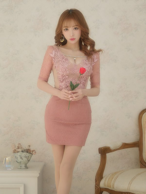 画像5: XSサイズあり【Glossy/グロッシー】刺繍レース/ バストビジュー/ 袖あり/ 総レース/ ワンカラー/ タイト/ ミニドレス/ キャバドレス[OF08]