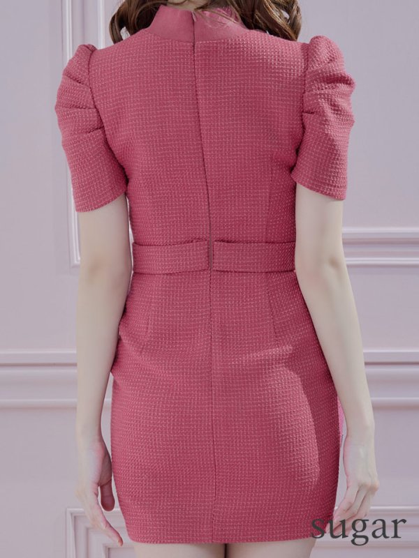 画像11: XSサイズあり【Glossy/グロッシー】バストジッパー/ スプリングツイード/ 半袖/ 袖あり/ ワンカラー/ タイト/ ミニドレス/ キャバドレス[OF08]