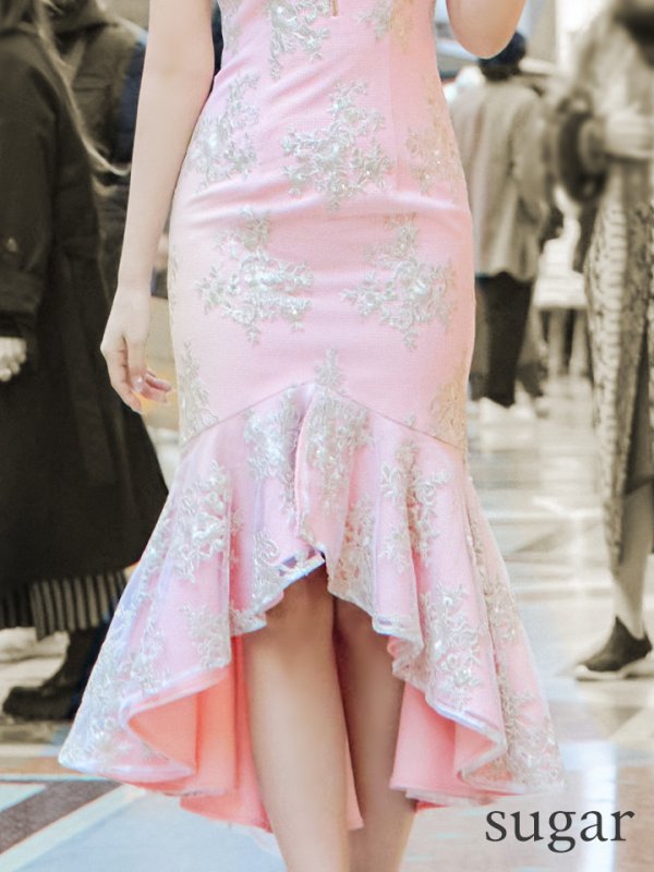 画像38: Lサイズあり【DEA./ディア】マーメイド/ フローラル/ バストジップ/ フリル/ テールカット/ ミディアムドレス/ キャバドレス【OF08】