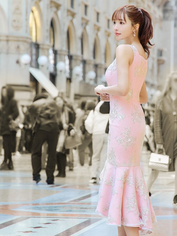 画像32: Lサイズあり【DEA./ディア】マーメイド/ フローラル/ バストジップ/ フリル/ テールカット/ ミディアムドレス/ キャバドレス【OF08】