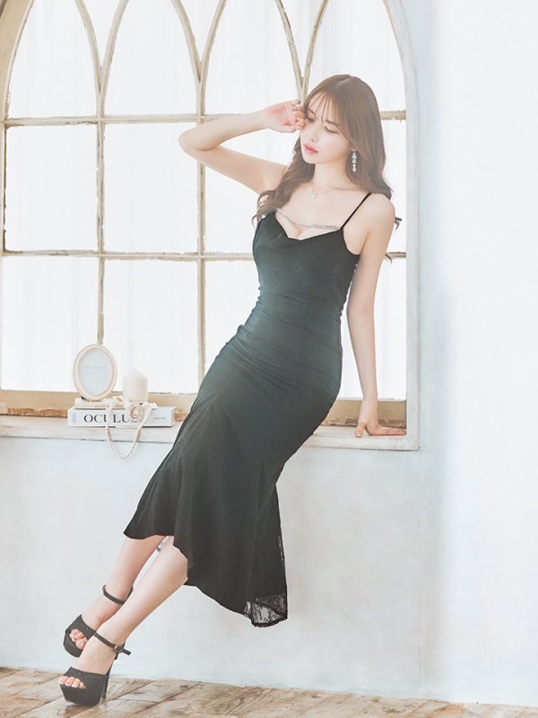 画像2: 【ROBE de FLEURS Glossy/ローブ・ド・フルール グロッシー】サイドレース/ ファーストラップ/ ワンカラー/ キャミソール/ ストレッチ/ タイト/ ミモレ丈/ ロングドレス/ キャバドレスlong[OF2]