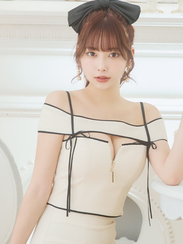 画像3: XSサイズあり【Glossy/グロッシー】スエードリボン/ ワッフル/ オフショルダー/ フロントジップ/ タイト/ セットアップ/ ミニドレス/ キャバドレス[OF08]