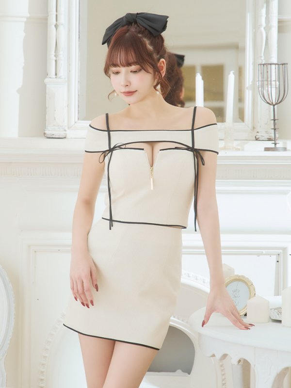 画像4: XSサイズあり【Glossy/グロッシー】スエードリボン/ ワッフル/ オフショルダー/ フロントジップ/ タイト/ セットアップ/ ミニドレス/ キャバドレス[OF08]