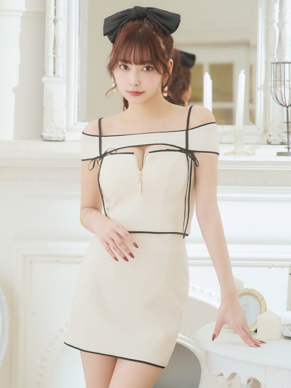 画像6: XSサイズあり【Glossy/グロッシー】スエードリボン/ ワッフル/ オフショルダー/ フロントジップ/ タイト/ セットアップ/ ミニドレス/ キャバドレス[OF08]
