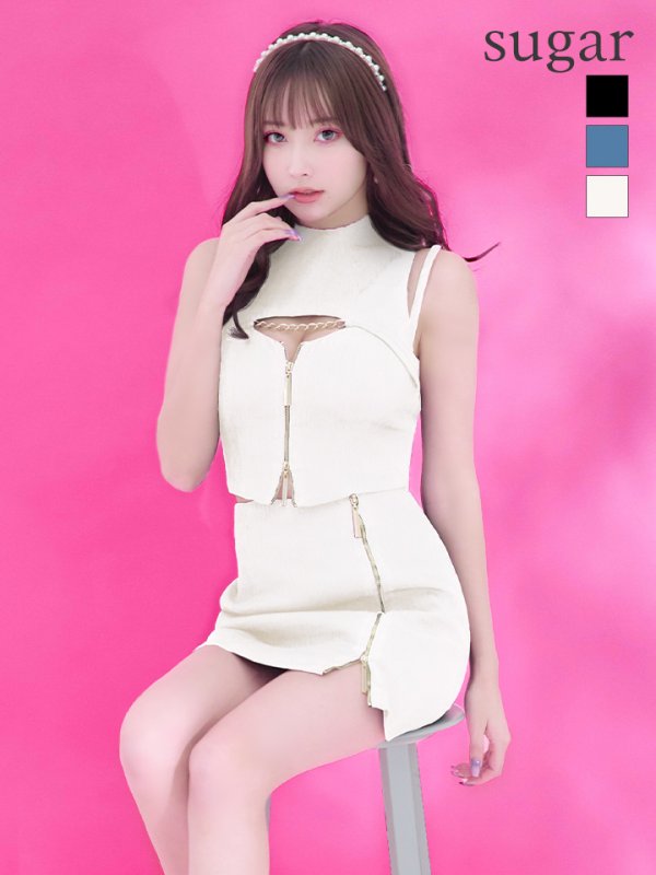 XSサイズあり【ROBE de FLEURS Glossy/ローブ・ド・フルール グロッシー】マルチファスナー/ ハイネック/ ノースリーブ/ ワンカラー/ タイト/ ミニドレス/ キャバドレス アイボリー