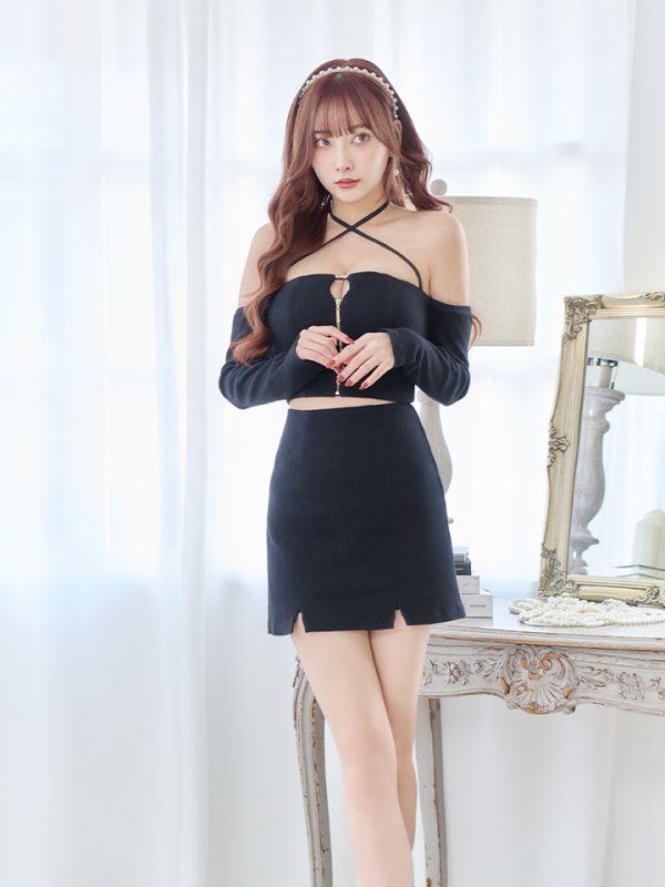 画像10: XSサイズあり【Glossy/グロッシー】リブニット/ アームカバー/ フロントジップ/ ストレッチ/ タイト/ セットアップ/ ミニドレス/ キャバドレス[OF08]