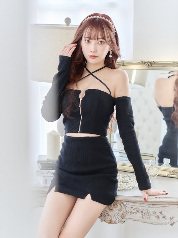 画像9: XSサイズあり【Glossy/グロッシー】リブニット/ アームカバー/ フロントジップ/ ストレッチ/ タイト/ セットアップ/ ミニドレス/ キャバドレス[OF08]