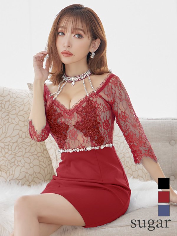 画像2: XSサイズあり【ROBE de FLEURS Glossy/ローブ・ド・フルール グロッシー】ウエストシースルー/ レーススリーブ/ 袖あり/ オフショル/ タイト/ ミニドレス/ キャバドレス[OF2]