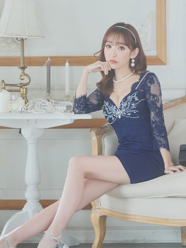 画像7: 【Glossy/グロッシー】レーススリーブ/ 七分袖/ 長袖/ 袖あり/ ビジュー/ ストレッチ/ タイト/ ミニドレス/ キャバドレス[OF08]