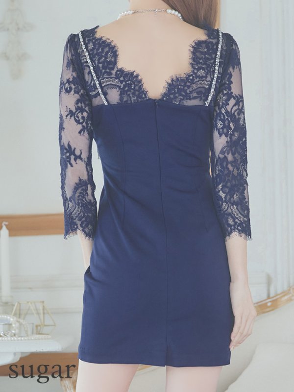 画像10: 【Glossy/グロッシー】レーススリーブ/ 七分袖/ 長袖/ 袖あり/ ビジュー/ ストレッチ/ タイト/ ミニドレス/ キャバドレス[OF08]