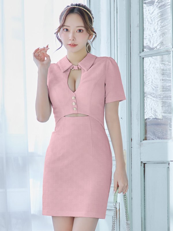 画像13: XSサイズあり【Glossy/グロッシー】バストカット/ ウエストカット/ 袖あり/ 半袖/ バックル/ ストレッチ/ タイト/ ミニドレス/ キャバドレス[OF08]