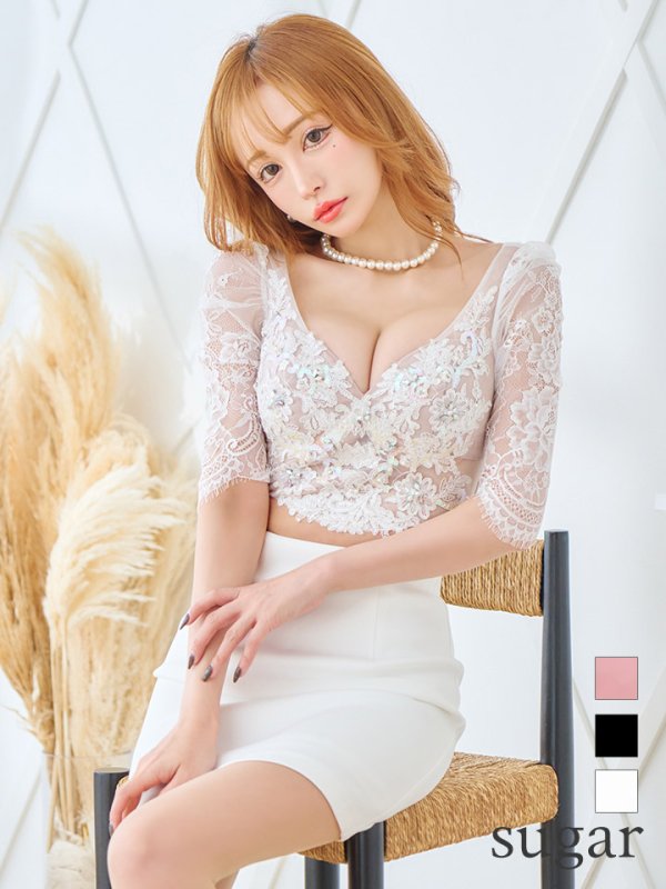 画像1: XSサイズあり【ROBE de FLEURS Glossy/ローブ・ド・フルール グロッシー】レース/ ビジュー/ 五分袖/ 七分袖/ 袖あり/ セットアップ/ タイト/ ミニドレス/ キャバドレス[OF2]