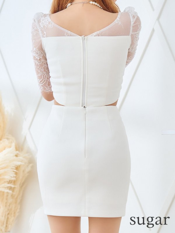 画像9: XSサイズあり【Glossy/グロッシー】レース/ ビジュー/ 五分袖/ 七分袖/ 袖あり/ セットアップ/ タイト/ ミニドレス/ キャバドレス[OF08]