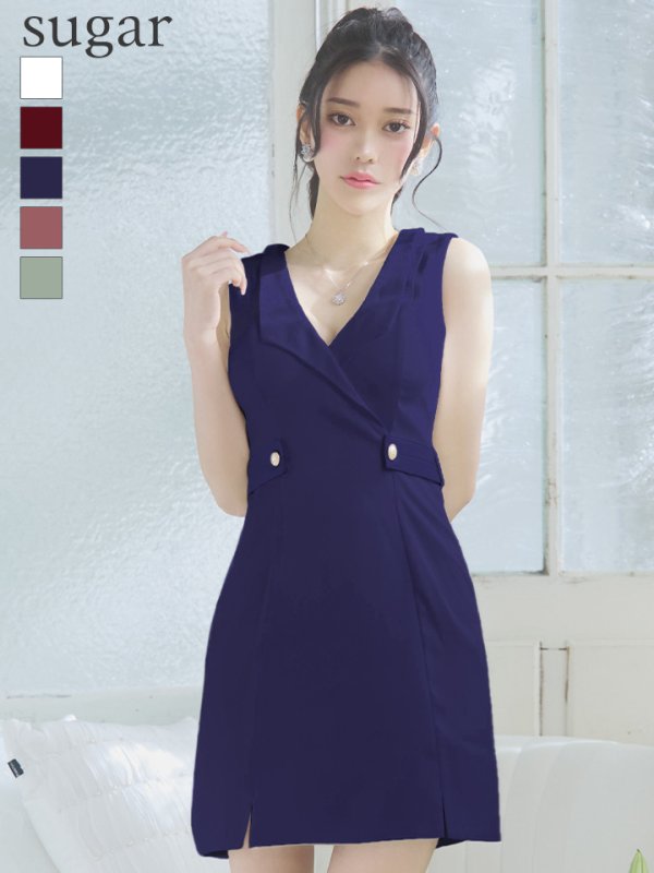 XSサイズあり【ROBE de FLEURS Glossy/ローブ・ド・フルール グロッシー】襟付き/ レザーベルトデザイン/ ノースリーブ/ シンプル/ ワンカラー/ タイト/ ミニドレス/ キャバドレス[OF2]　ネイビー
