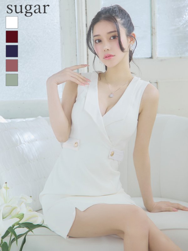 XSサイズあり【ROBE de FLEURS Glossy/ローブ・ド・フルール グロッシー】襟付き/ レザーベルトデザイン/ ノースリーブ/ シンプル/ ワンカラー/ タイト/ ミニドレス/ キャバドレス[OF2]　ホワイト