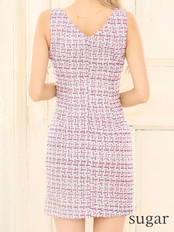 画像9: XSサイズあり【Glossy/グロッシー】バストジッパー/ ツイード/ ビジュー/ ノースリーブ/ ストレッチ/ タイト/ ミニドレス/ キャバドレス[OF08]