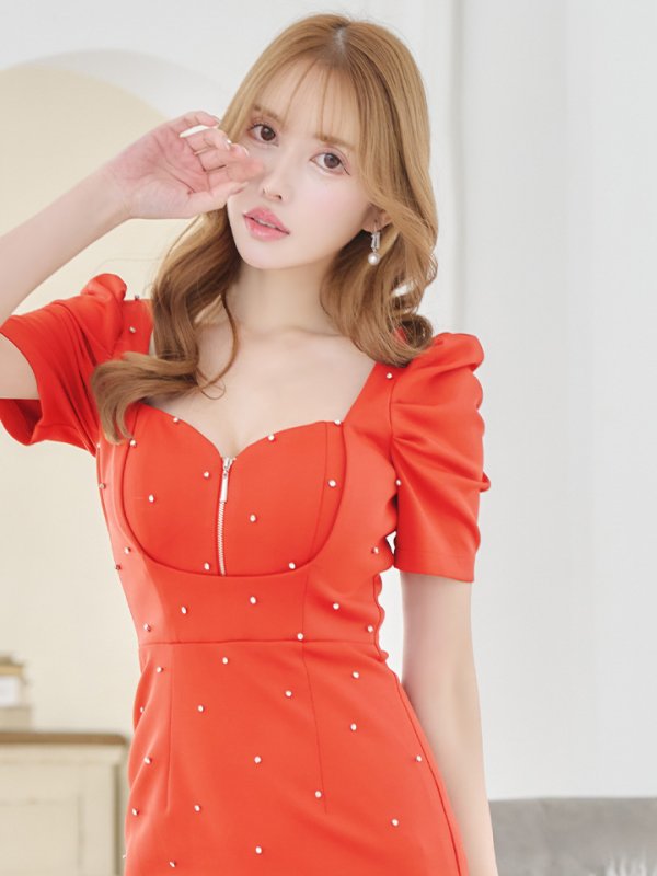 画像26: XSサイズあり【Glossy/グロッシー】フロントジップ/ パフスリーブ/ ストレッチ/ 無地/ ワンカラー/ タイト/ ミニドレス/ キャバドレス[OF08]