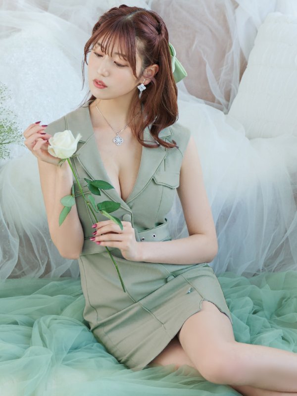 画像24: XSサイズあり【Glossy/グロッシー】ジャケット風襟デザイン/ ノースリーブ/ ボタン/ ベルト/ 無地/ タイト/ カジュアル/ ミニドレス/ キャバドレス[OF08]