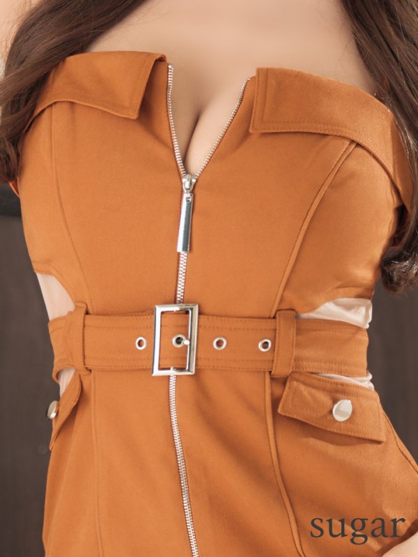 画像24: XSサイズあり【Glossy/グロッシー】フロントジッパー/ ベルト/ キャミソール/ シアー/ タイト/ ミニドレス/ キャバドレス[OF08]