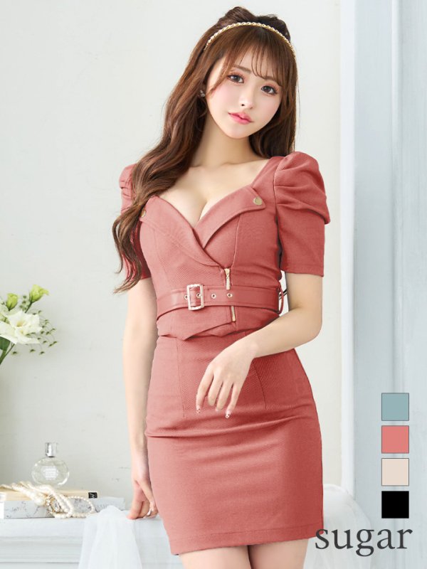 画像1: XSサイズあり【ROBE de FLEURS Glossy/ローブ・ド・フルール グロッシー】レザーベルト/ パフスリーブ/ トラベル/ タイト/ セットアップ/ ミニドレス/ キャバドレス[OF2]