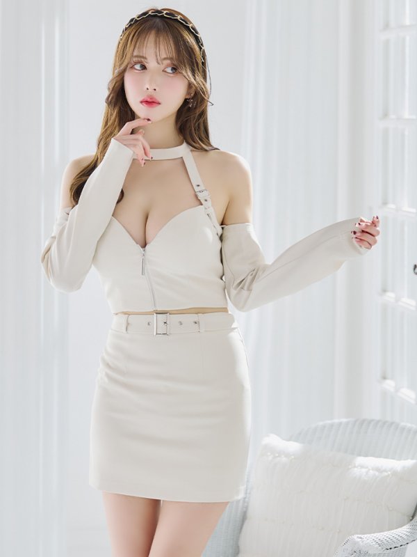 画像3: 再入荷【Glossy/グロッシー】袖あり/ 2way/ ホルターリボンネック/ オフショルダー/ セットアップ/ タイト/ ミニドレス/ キャバドレス[OF08]