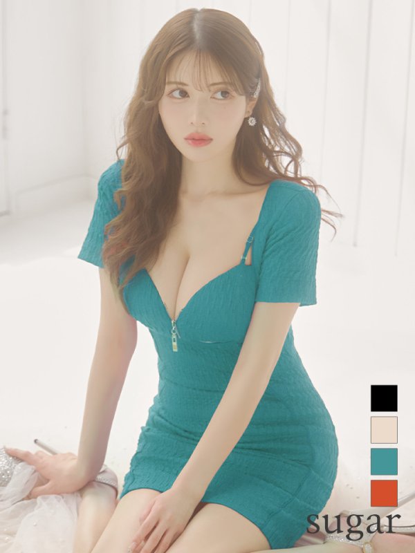 XSサイズあり【ROBE de FLEURS Glossy/ローブ・ド・フルール グロッシー】バストオープンジッパー/ サイドパイピング/ 半袖/ 袖あり/ タイト/ ミニドレス/ キャバドレス[OF2]　アクアブルー