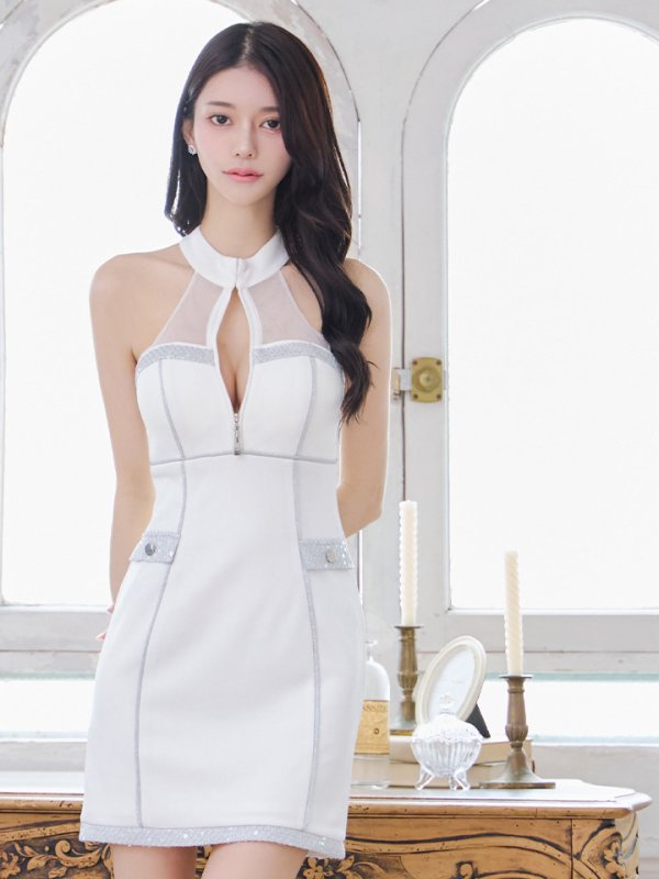 画像11: XSサイズあり【Glossy/グロッシー】ラメパイピング/ ホルターネック/ バストジップ/ タイト/ ミニドレス/ キャバドレス[OF08]