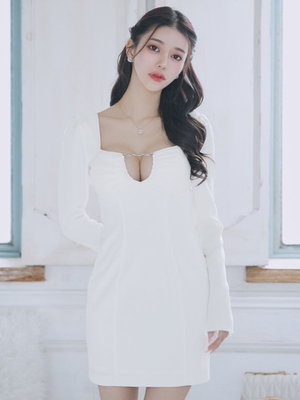 画像16: XSサイズあり【Glossy/グロッシー】ロングスリーブ/ スクエアカット/ バックリボン/ タイト/ ミニドレス/ キャバドレス[OF08]