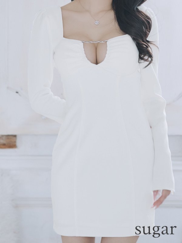 画像20: XSサイズあり【Glossy/グロッシー】ロングスリーブ/ スクエアカット/ バックリボン/ タイト/ ミニドレス/ キャバドレス[OF08]